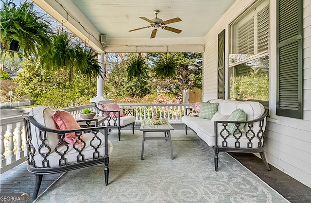 2173 Conyers St SE, Covington, GA 30014 - view of patio / terrace with outdoor lounge area, ceiling fan, and covered porch