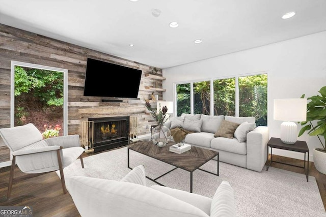 4 W Wesley Rdg NW, Atlanta, GA 30327 - living area with a stone fireplace, recessed lighting, and wood finished floors