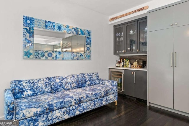 4 W Wesley Rdg NW, Atlanta, GA 30327 - indoor dry bar with wine cooler, dark wood finished floors, and backsplash
