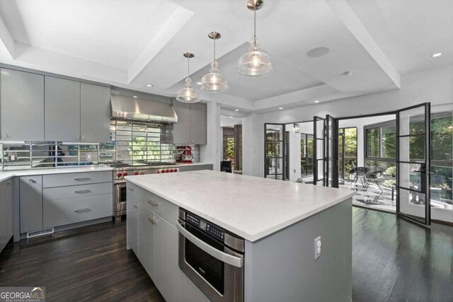 4 W Wesley Rdg NW, Atlanta, GA 30327 - kitchen with gray cabinets, stainless steel appliances, a tray ceiling, wall chimney exhaust hood, and dark wood-type flooring