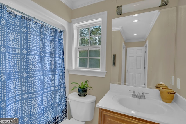 11 Creekwood Dr, Dublin, GA 31021 - bathroom featuring a shower with shower curtain, toilet, vanity, and ornamental molding