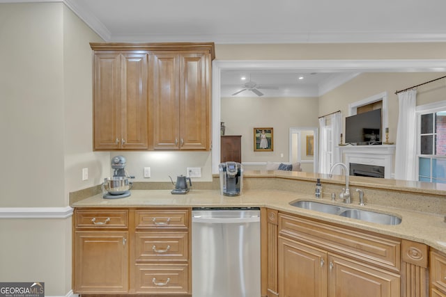 11 Creekwood Dr, Dublin, GA 31021 - kitchen with crown molding, a sink, ceiling fan, dishwasher, and light stone countertops