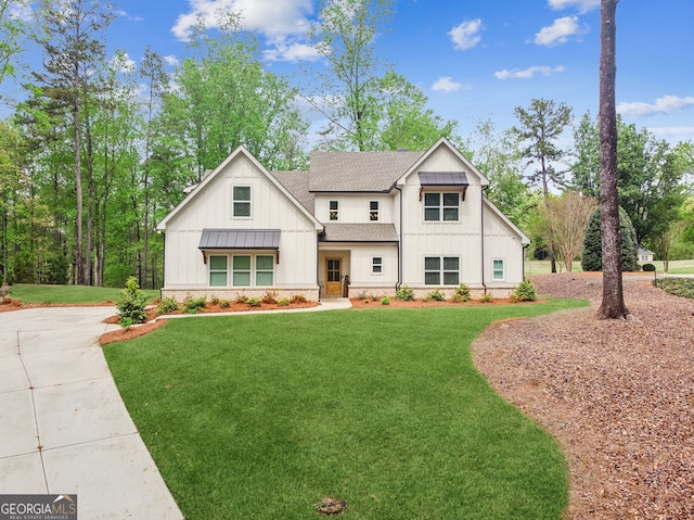 4426 Oxburgh Park, Flowery Branch, GA 30542 - modern farmhouse style home with roof with shingles, board and batten siding, a front lawn, and driveway