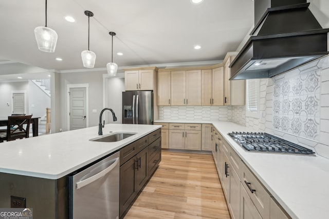 4426 Oxburgh Park, Flowery Branch, GA 30542 - kitchen with appliances with stainless steel finishes, custom exhaust hood, light countertops, light wood finished floors, and recessed lighting
