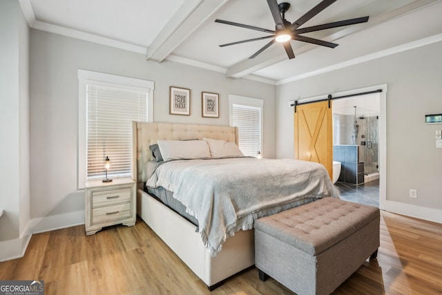 4426 Oxburgh Park, Flowery Branch, GA 30542 - bedroom featuring a barn door, beamed ceiling, light wood finished floors, and ceiling fan