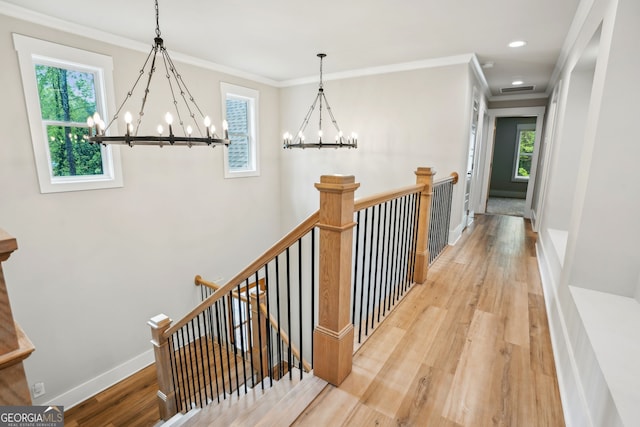 4426 Oxburgh Park, Flowery Branch, GA 30542 - hall with a chandelier, an upstairs landing, healthy amount of natural light, ornamental molding, and recessed lighting