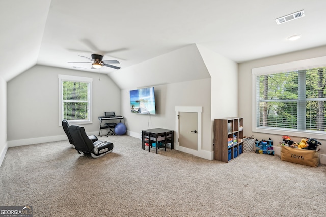 4426 Oxburgh Park, Flowery Branch, GA 30542 - sitting room featuring a ceiling fan, vaulted ceiling, and carpet flooring