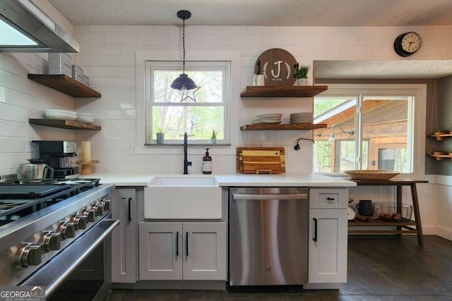 4295 S Berkeley Lake Rd NW, Berkeley Lake, GA 30096 - kitchen featuring stainless steel appliances, open shelves, ventilation hood, light countertops, and a textured ceiling