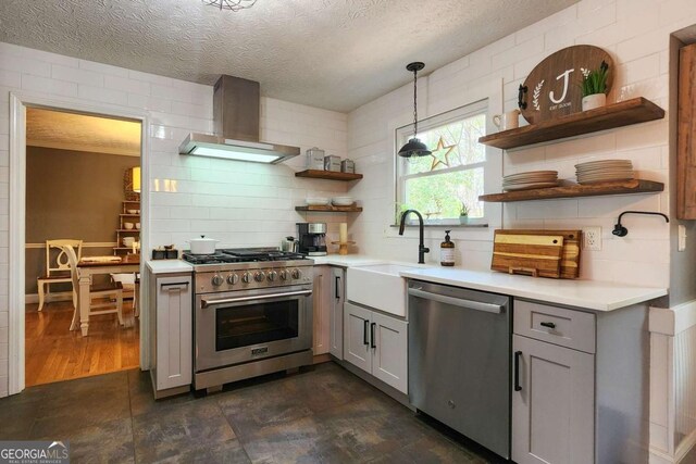 4295 S Berkeley Lake Rd NW, Berkeley Lake, GA 30096 - kitchen featuring appliances with stainless steel finishes, wall chimney exhaust hood, open shelves, gray cabinetry, and light countertops