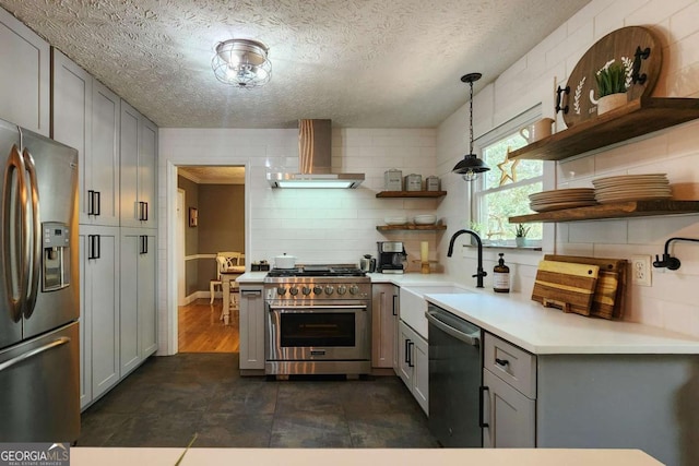 4295 S Berkeley Lake Rd NW, Berkeley Lake, GA 30096 - kitchen featuring appliances with stainless steel finishes, wall chimney exhaust hood, open shelves, light countertops, and gray cabinets