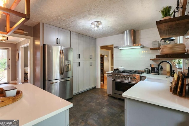 4295 S Berkeley Lake Rd NW, Berkeley Lake, GA 30096 - kitchen with appliances with stainless steel finishes, wall chimney exhaust hood, open shelves, gray cabinetry, and light countertops