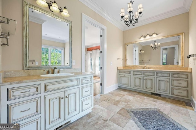 1462 Georgia Club Dr, Statham, GA 30666 - full bathroom with ornamental molding, a sink, a chandelier, and two vanities