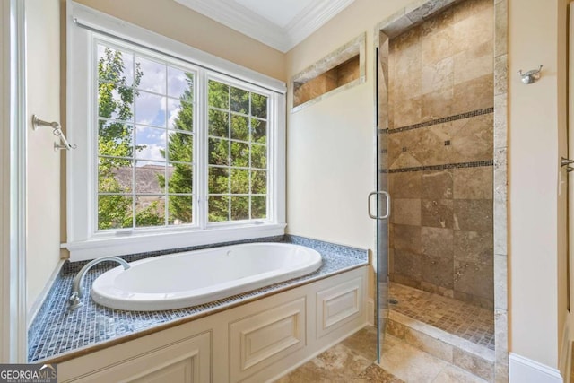 1462 Georgia Club Dr, Statham, GA 30666 - bathroom with a stall shower, crown molding, and a garden tub