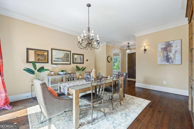 1462 Georgia Club Dr, Statham, GA 30666 - dining room featuring baseboards, a notable chandelier, ornamental molding, and dark wood-type flooring