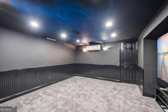 1462 Georgia Club Dr, Statham, GA 30666 - home theater featuring a wall mounted air conditioner, a wainscoted wall, recessed lighting, and carpet floors