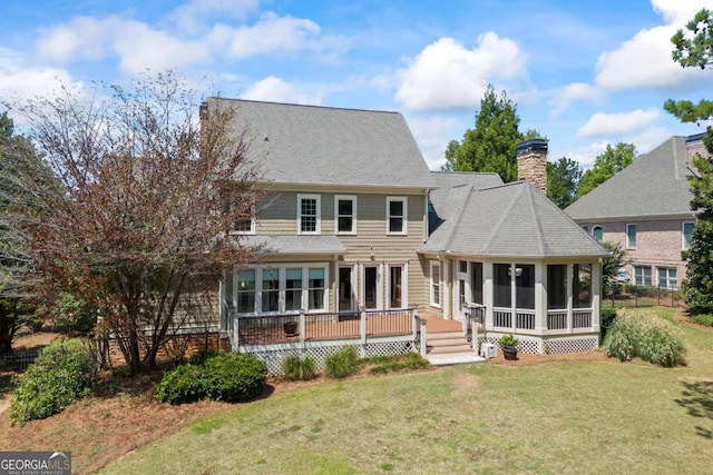 1462 Georgia Club Dr, Statham, GA 30666 - rear view of property with a lawn, a sunroom, a shingled roof, and a deck