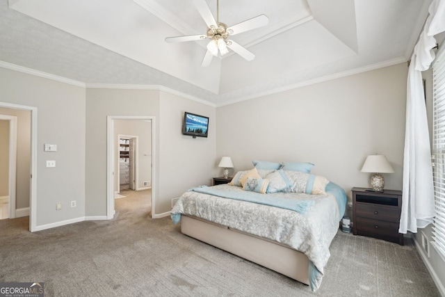 740 Trillium Ln, Lilburn, GA 30047 - bedroom with carpet flooring, baseboards, ceiling fan, lofted ceiling, and ornamental molding