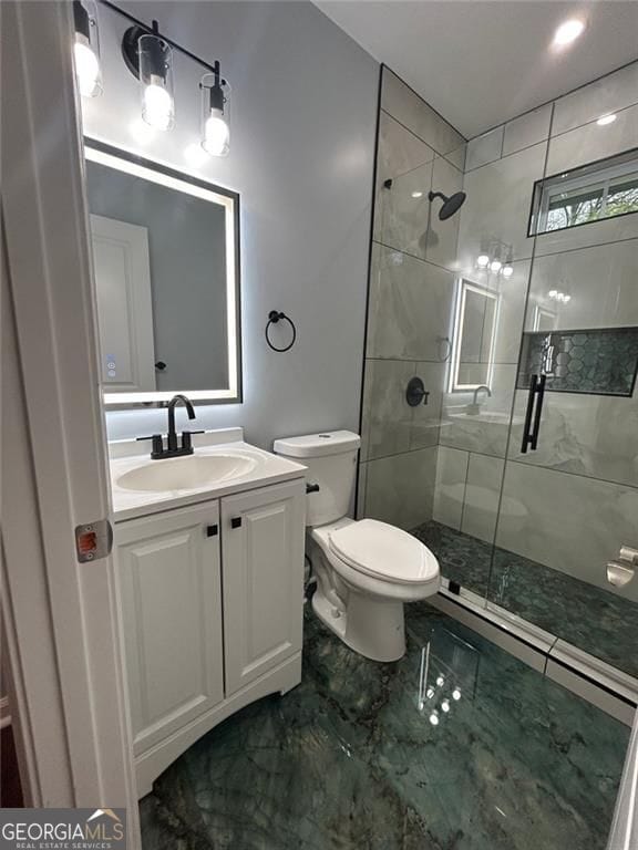4321 Austell Powder Springs Rd SW, Powder Springs, GA 30127 - full bathroom with marble finish flooring, a stall shower, and vanity