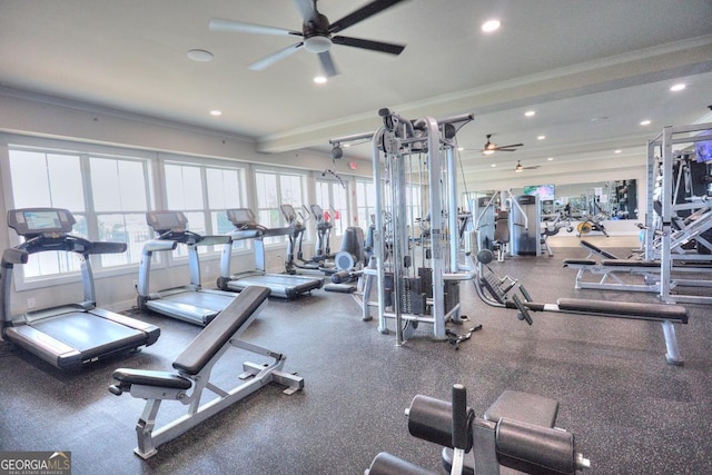 workout area featuring recessed lighting, ceiling fan, and ornamental molding