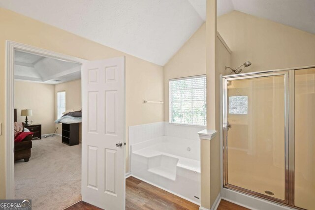bathroom with vaulted ceiling, a healthy amount of sunlight, a garden tub, and a shower stall