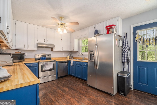 10 Powder Dr, Dallas, GA 30157 - kitchen featuring stainless steel appliances, wood counters, under cabinet range hood, blue cabinetry, and a sink