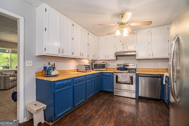 10 Powder Dr, Dallas, GA 30157 - kitchen with appliances with stainless steel finishes, blue cabinetry, under cabinet range hood, butcher block countertops, and a textured ceiling