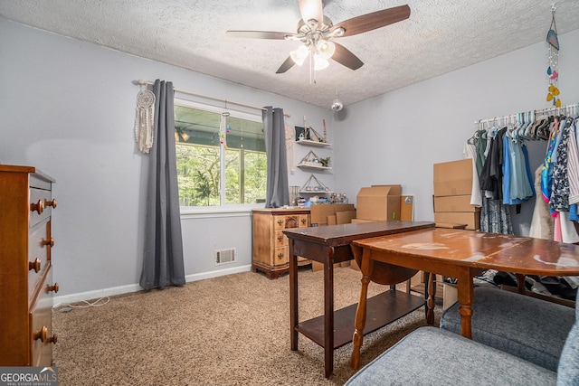 10 Powder Dr, Dallas, GA 30157 - home office featuring a textured ceiling, ceiling fan, light colored carpet, and baseboards