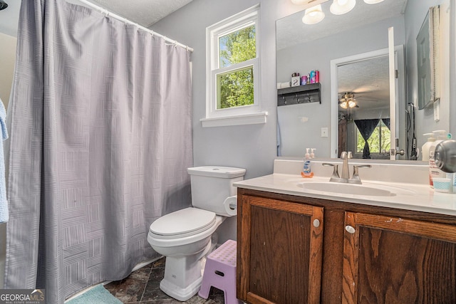 10 Powder Dr, Dallas, GA 30157 - bathroom featuring vanity, ceiling fan, a textured ceiling, and curtained shower