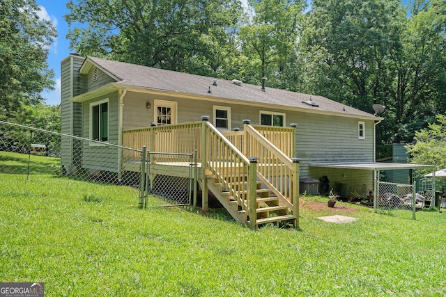 10 Powder Dr, Dallas, GA 30157 - rear view of property with a wooden deck, a chimney, stairway, and roof with shingles
