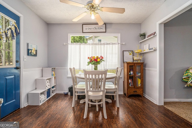10 Powder Dr, Dallas, GA 30157 - dining space with wood finished floors, a textured ceiling, wainscoting, and ceiling fan