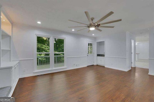 9415 Martin Rd, Roswell, GA 30076 - unfurnished living room with ceiling fan, wood finished floors, and recessed lighting