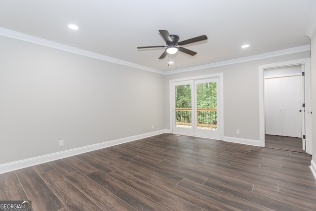 247 Old Timber Rd, Lawrenceville, GA 30046 - empty room featuring dark wood-type flooring, ornamental molding, baseboards, and a ceiling fan