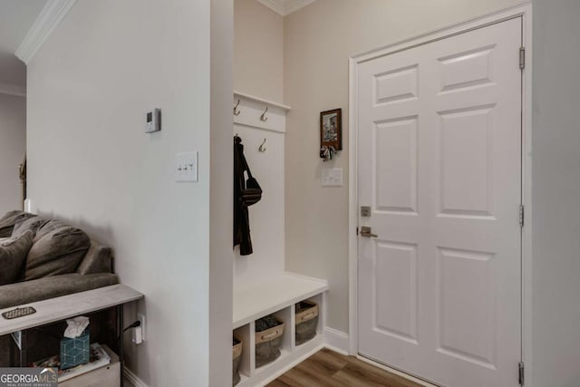 3065 Meadow Springs Dr, Watkinsville, GA 30677 - mudroom with ornamental molding and wood finished floors