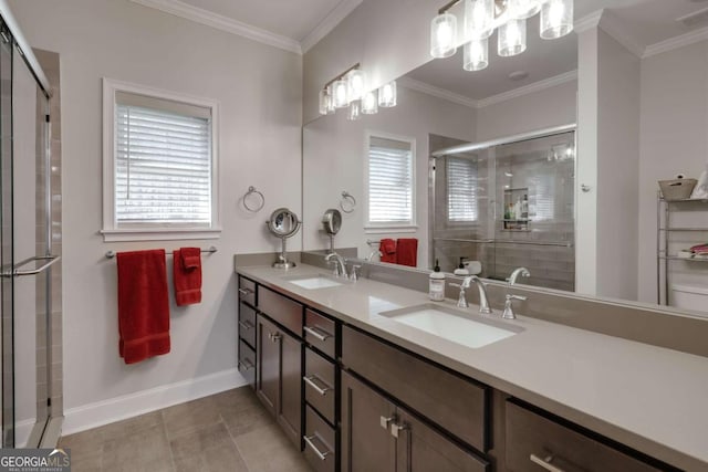 3065 Meadow Springs Dr, Watkinsville, GA 30677 - full bath with double vanity, a shower stall, crown molding, and tile patterned flooring