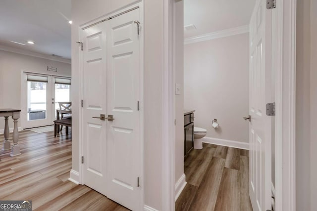 3065 Meadow Springs Dr, Watkinsville, GA 30677 - hall featuring crown molding, light wood-type flooring, and recessed lighting