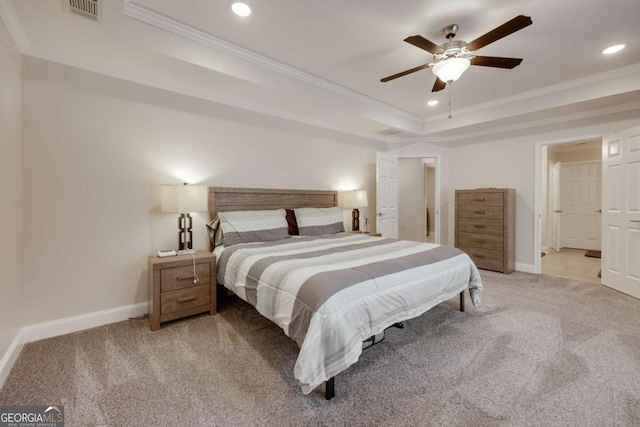 3065 Meadow Springs Dr, Watkinsville, GA 30677 - bedroom featuring a tray ceiling, recessed lighting, light colored carpet, crown molding, and ceiling fan