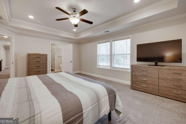 3065 Meadow Springs Dr, Watkinsville, GA 30677 - bedroom featuring a raised ceiling, light carpet, ornamental molding, recessed lighting, and ceiling fan