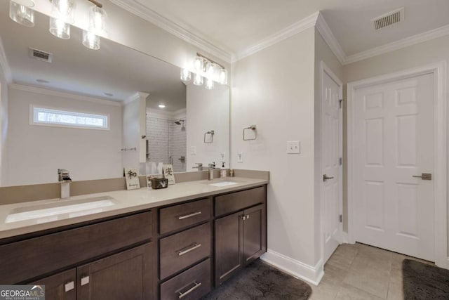 3065 Meadow Springs Dr, Watkinsville, GA 30677 - full bath featuring double vanity, tiled shower, ornamental molding, and tile patterned flooring