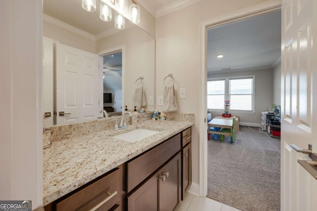 3065 Meadow Springs Dr, Watkinsville, GA 30677 - bathroom with vanity, crown molding, and a ceiling fan