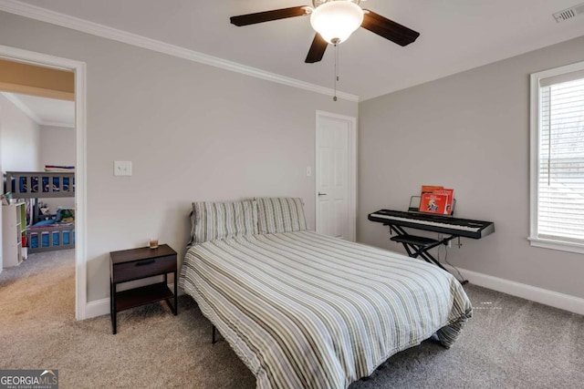 3065 Meadow Springs Dr, Watkinsville, GA 30677 - carpeted bedroom featuring multiple windows, crown molding, and ceiling fan