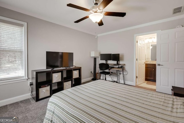 3065 Meadow Springs Dr, Watkinsville, GA 30677 - bedroom with light colored carpet, a desk, a ceiling fan, and ornamental molding