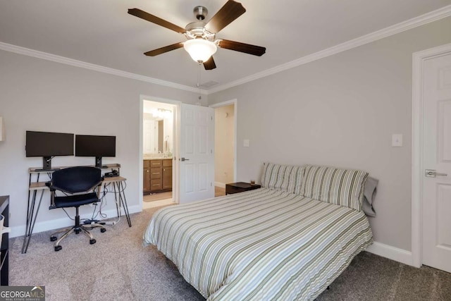 3065 Meadow Springs Dr, Watkinsville, GA 30677 - bedroom with ornamental molding, carpet floors, an office area, ceiling fan, and ensuite bath