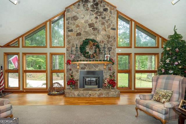 4004 White Oak Ln, Lagrange, GA 30240 - living area featuring a fireplace, high vaulted ceiling, and wood finished floors