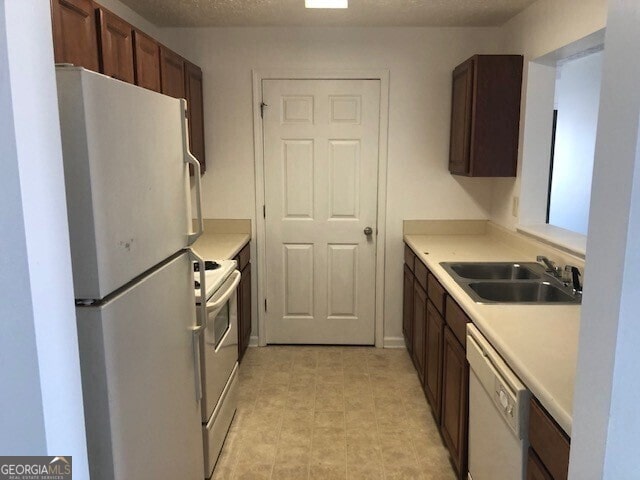 kitchen with a sink, dark brown cabinets, white appliances, and light countertops