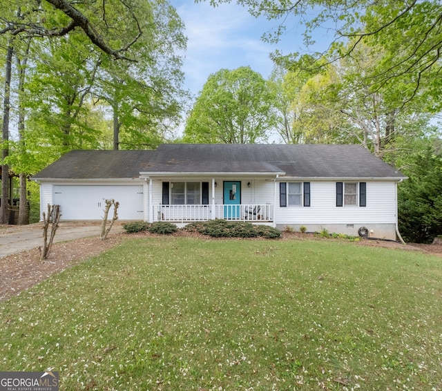 ranch-style house featuring concrete driveway, crawl space, an attached garage, a front yard, and a porch