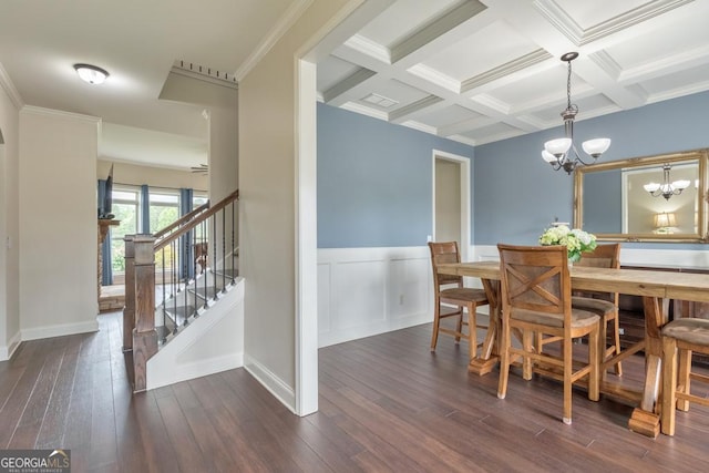 64 Durana Way, Dallas, GA 30132 - dining area featuring a chandelier, dark wood finished floors, beamed ceiling, stairway, and wainscoting