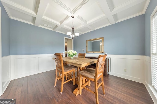 64 Durana Way, Dallas, GA 30132 - dining area featuring a chandelier, coffered ceiling, dark wood finished floors, beamed ceiling, and wainscoting