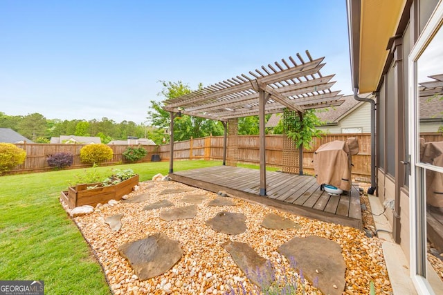 64 Durana Way, Dallas, GA 30132 - fenced backyard with a deck, a grill, a garden, and a pergola