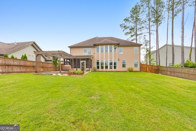 64 Durana Way, Dallas, GA 30132 - back of property with a sunroom, a pergola, and a fenced backyard