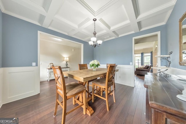 64 Durana Way, Dallas, GA 30132 - dining room with dark wood-type flooring, coffered ceiling, a chandelier, beamed ceiling, and a wainscoted wall